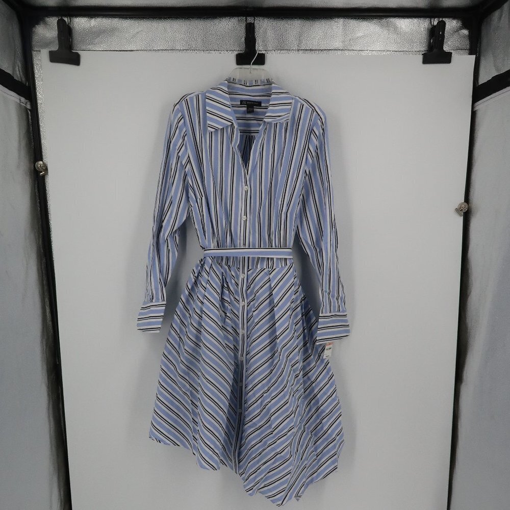 INC International Concepts Blue Black White Striped Shirt Dress Size 14W NWT